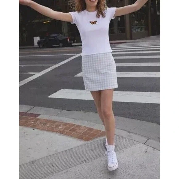 BRANDY MELVILLE Juniors Cute Soft BLUEWHITE PLAID CARA High Rise Mini Skirt - Picture 12 of 15